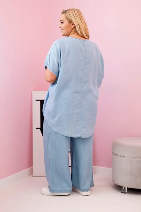 Komplet damski Plus Size z tencelu bluzka i spodnie z wiązaniem jasno jeansowy Komplet damski Plus Size z tencelu bluzka i spodnie z wiązaniem jasno jeansowy