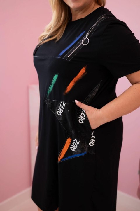 Sukienka damska Plus Size bawełniana z nadrukiem i kieszeniami czarna
