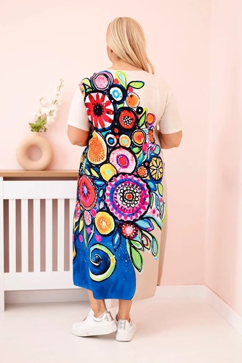 Sukienka damska Plus Size z wiskozy z kolorowym nadrukiem beżowa