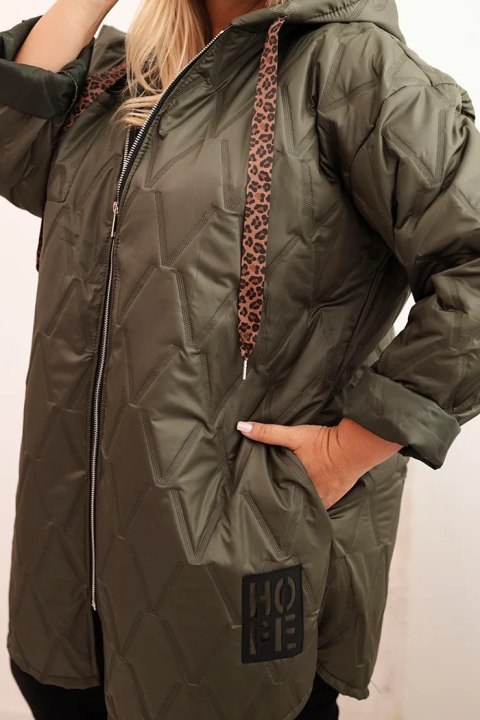 Kurtka damska Plus Size pikowana z kapturem i napisem HOPE khaki Kurtka damska Plus Size pikowana z kapturem i napisem HOPE khaki