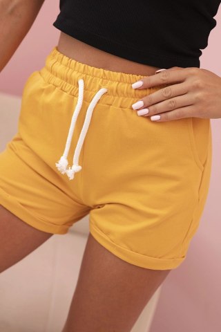 Spodenki damskie bawełniane z gumką i wiązanie w pasie musztardowe