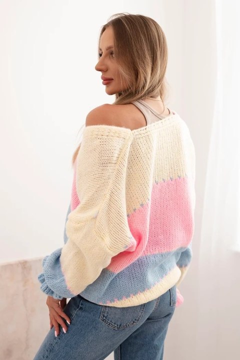 Sweter damski w paski z guzikami żółty + jasny różowy