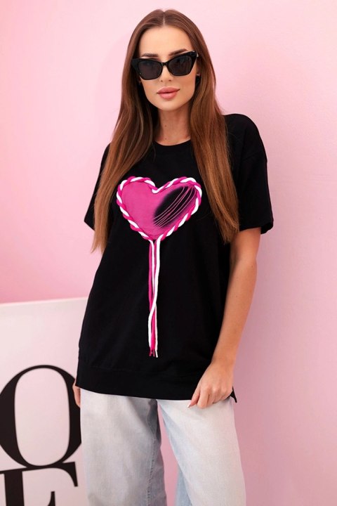 T-shirt damska oversize z sercem i frędzlami z krótkim rękawem czarna