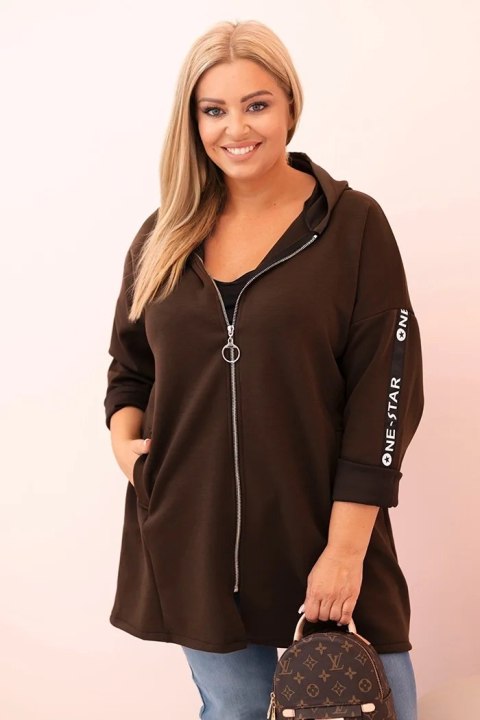 Bluza damska Plus Size z wiskozą rozpinana z kapturem brązowa
