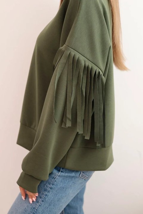 Bluza damska masełkowa z ozdobnymi rękawami khaki