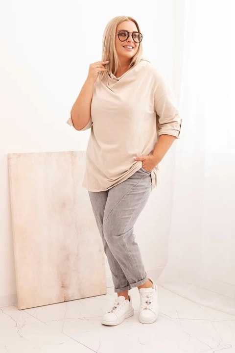 Bluzka damska Plus Size z bawełną o luźnym kroju z dekoltem wodnym beżowa