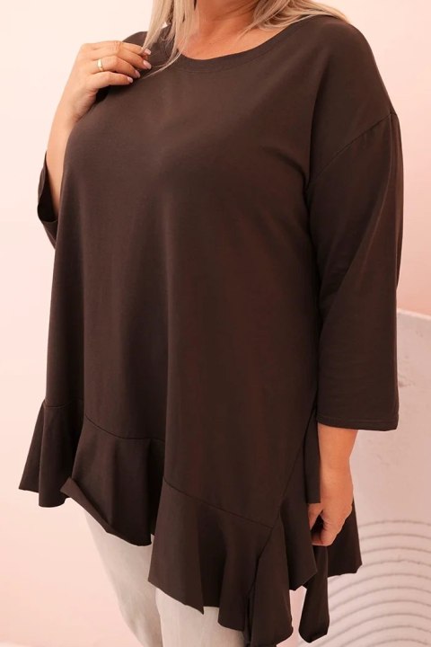 Bluzka damska Plus Size z bawełną z falbaną i rękawem podwijanym brązowa