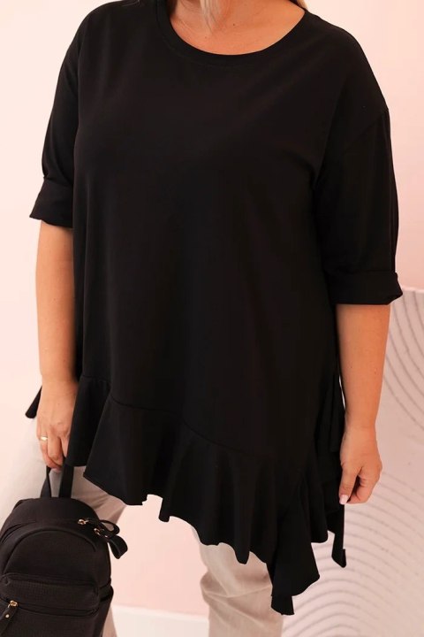 Bluzka damska Plus Size z bawełną z falbaną i rękawem podwijanym czarna
