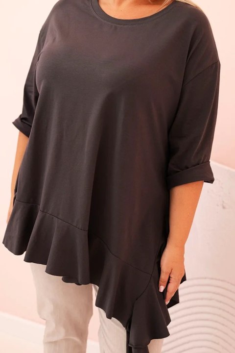 Bluzka damska Plus Size z bawełną z falbaną i rękawem podwijanym grafitowa