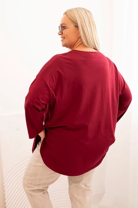 Bluzka damska Plus Size z bawełną z kieszenią i rękawem podwijanym bordowa