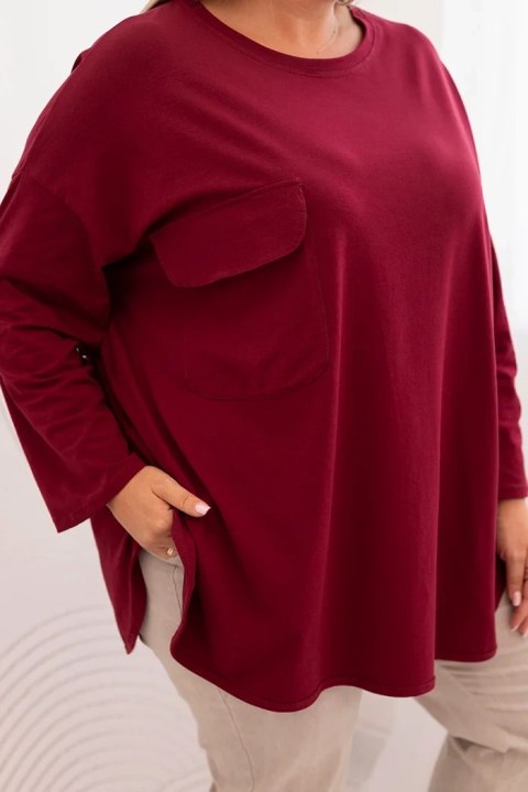 Bluzka damska Plus Size z bawełną z kieszenią i rękawem podwijanym bordowa