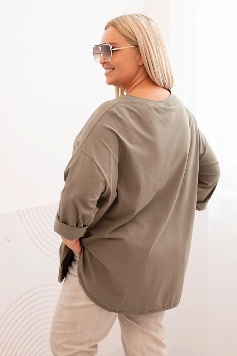 Bluzka damska Plus Size z bawełną z kieszenią i rękawem podwijanym khaki