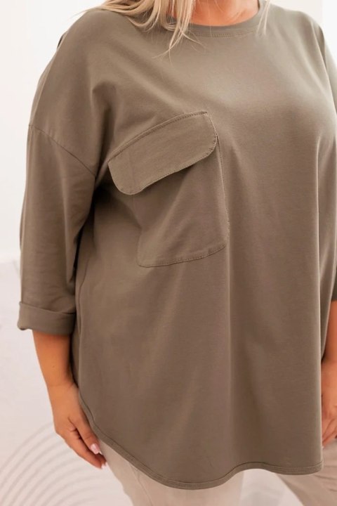 Bluzka damska Plus Size z bawełną z kieszenią i rękawem podwijanym khaki