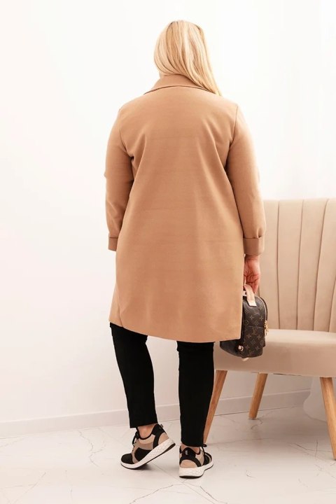 Płaszcz damski elegancki Plus Size z kołnierzem i dużymi kieszeniami camelowy