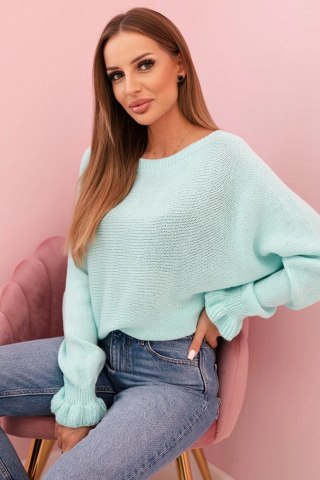 Sweter damska z moheru z marszczonymi rękawami i wycięciem na plecach miętowy