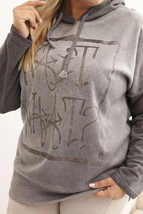 Bluza damska Plus Size dekatyzowana z kapturem i nadrukiem grafitowa