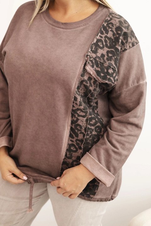 Bluza damska Plus Size z bawełną z lampasem panterka i troczkiem brązowa