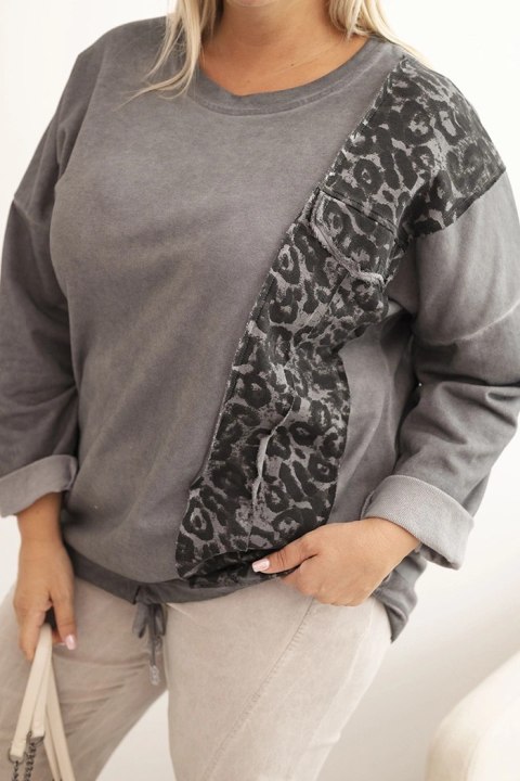 Bluza damska Plus Size z bawełną z lampasem panterka i troczkiem grafitowa