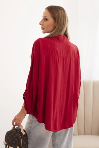 Koszulka damska z wiskozą z ozdobnymi guzikami i kołnierzem bordowa