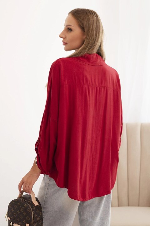 Koszulka damska z wiskozą z ozdobnymi guzikami i kołnierzem bordowa