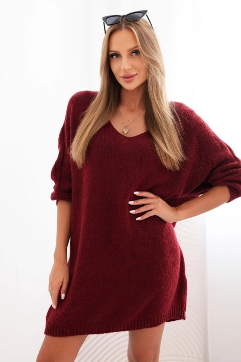 Sukienka damska Plus Size wełniany z dekoltem V bordowa