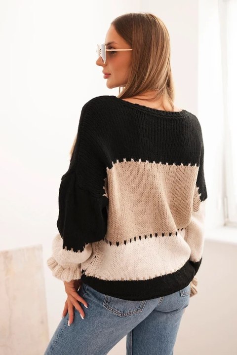 Sweter damski w paski z guzikami czarny + camelowy
