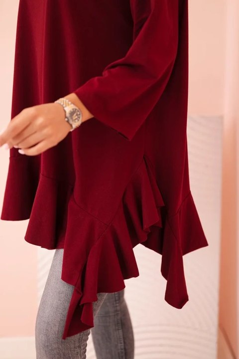 Bluzka damska Plus Size z bawełną z falbaną i rękawem podwijanym bordowa