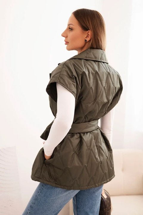 Damska kamizelka pikowana z paskiem i szerokim kołnierzem khaki