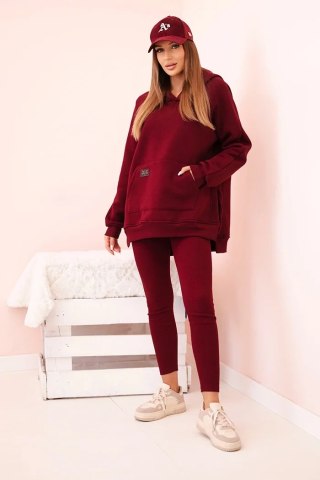 Komplet damski bawełniany bluza z kapturem i legginsy z wysokim stanem bordowy