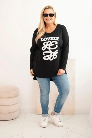 Bluzka damska Plus Size bawełniana z napisem i dekoltem V czarna