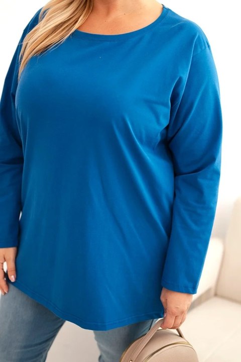 Bluzka damska Plus Size bawełniana z okrągłym dekoltem chabrowa