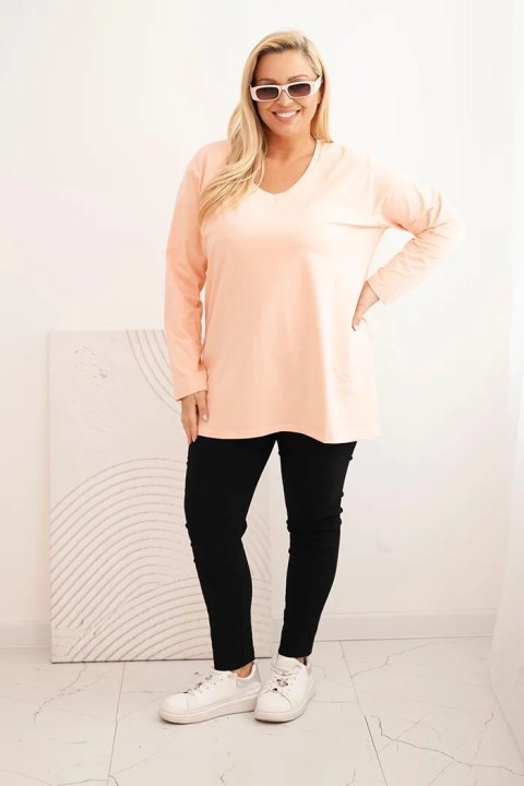 Bluzka damska Plus Size z dekoltem V i długim rękawem morelowa