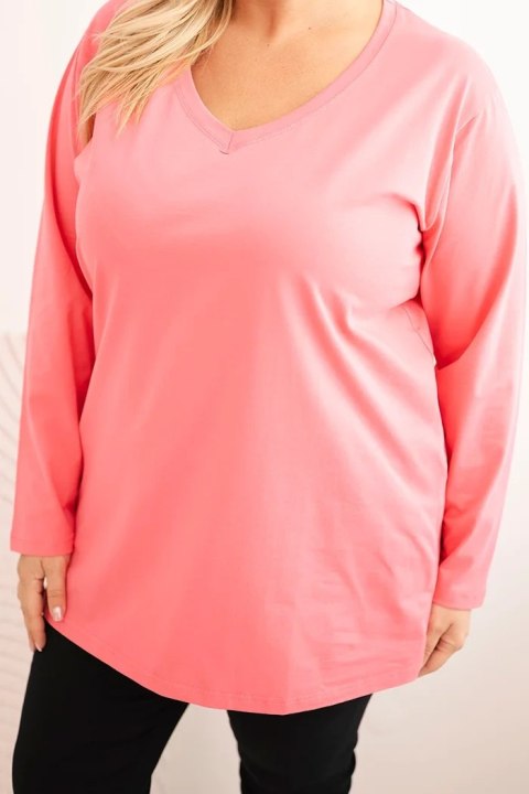 Bluzka damska Plus Size z dekoltem V i długim rękawem różowa