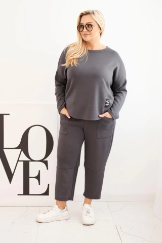 Komplet damski Plus Size masełko bluza i spodnie z kieszeniami grafitowy