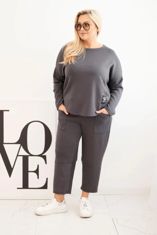 Komplet damski Plus Size masełko bluza i spodnie z kieszeniami grafitowy