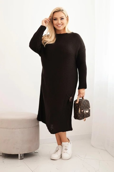 Sukienka swetrowa damska Plus Size z moherem oversize z kieszenią brązowa