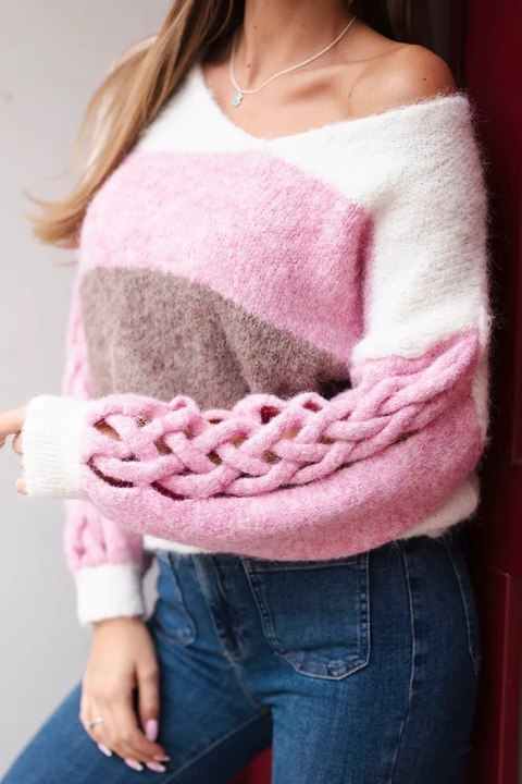 Sweter damski w pasy z warkoczami na rękawach z wełny beżowy + szary