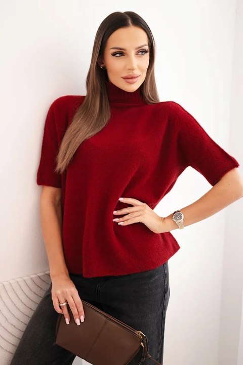 Sweter damski z krótkim rękawem o luźnym kroju bordowy