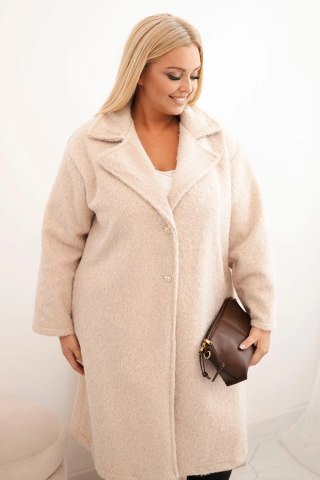 Płaszcz damski Plus Size z wełną i dużym kołnierzem beżowy