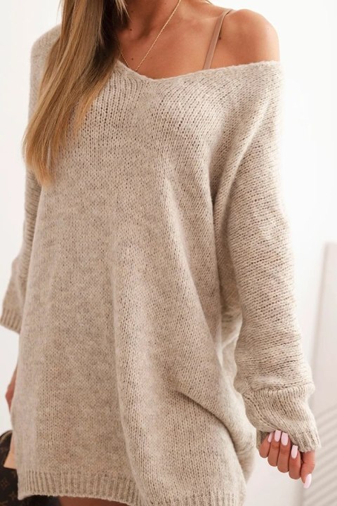 Sukienka damska Plus Size wełniany z dekoltem V ciemno beżowa