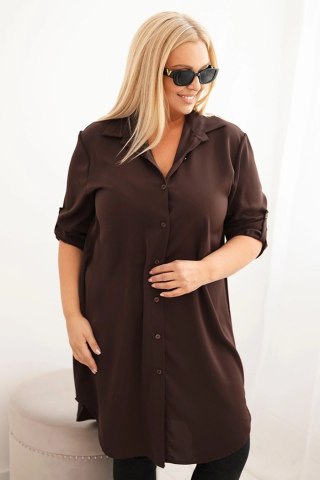 Sukienka damska koszulowa Plus Size z dłuższym tyłem i podwijanym rękawem brązowa