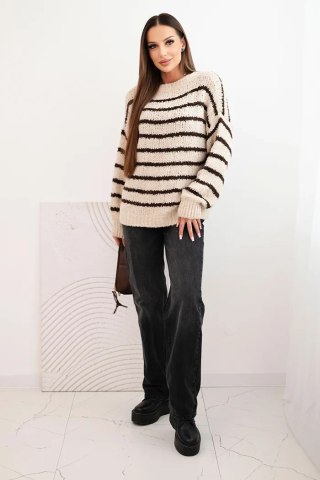 Sweter damski w paski z wełną o luźnym kroju beżowy