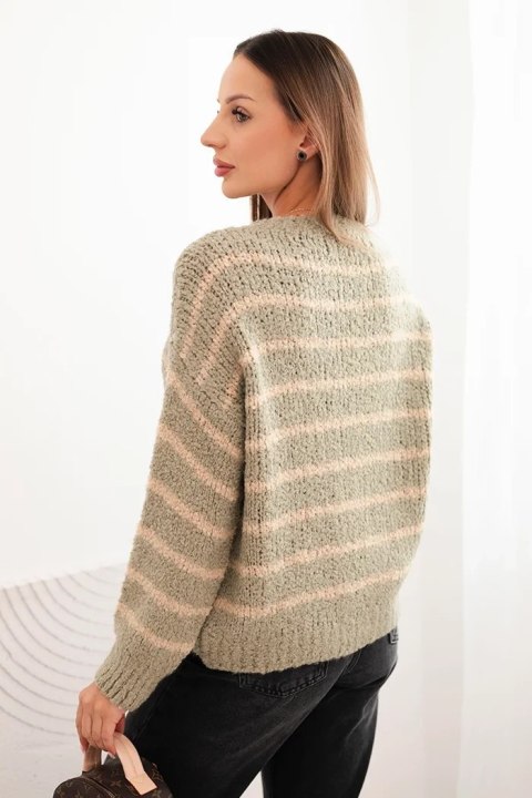 Sweter damski w paski z wełną o luźnym kroju khaki
