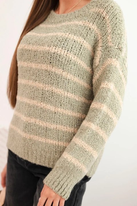 Sweter damski w paski z wełną o luźnym kroju khaki