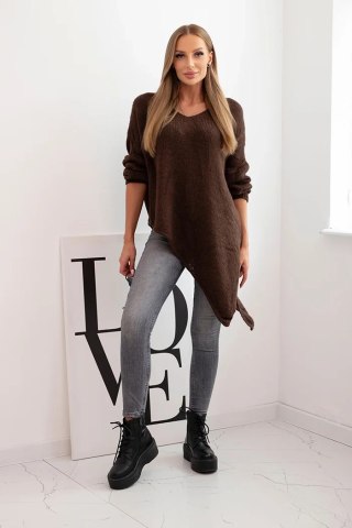 Sweter damski wełniany asymetryczny Plus Size z dekoltem V brązowy