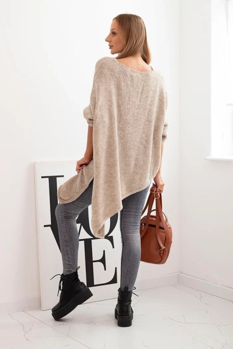 Sweter damski wełniany asymetryczny Plus Size z dekoltem V ciemny beżowy