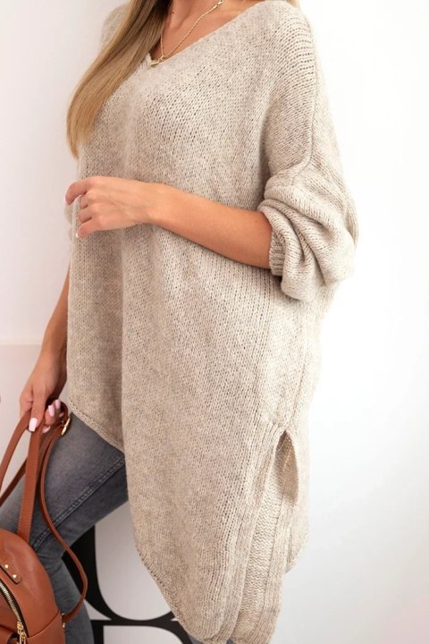 Sweter damski wełniany asymetryczny Plus Size z dekoltem V ciemny beżowy