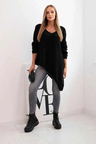 Sweter damski wełniany asymetryczny Plus Size z dekoltem V czarny