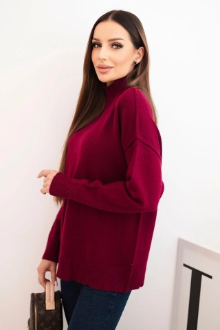 Sweter damski wiskozowy z prążkowanym półgolfem i luźnym fasonem bordowy