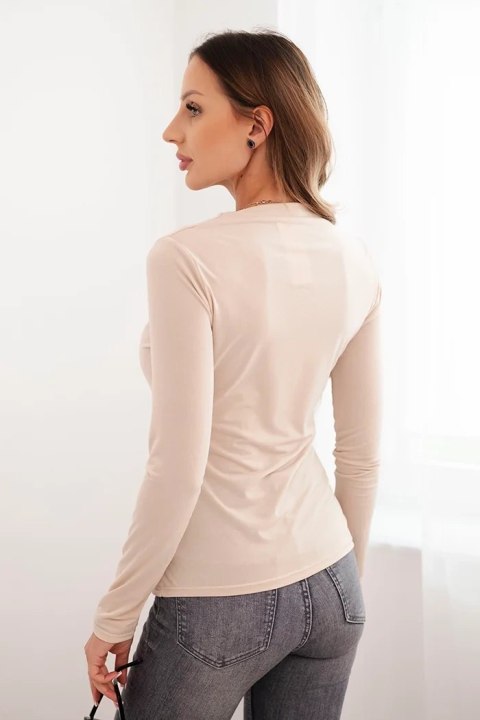 Bluzka damska z ozdobną klamrą marszczona z wiskozy beżowa